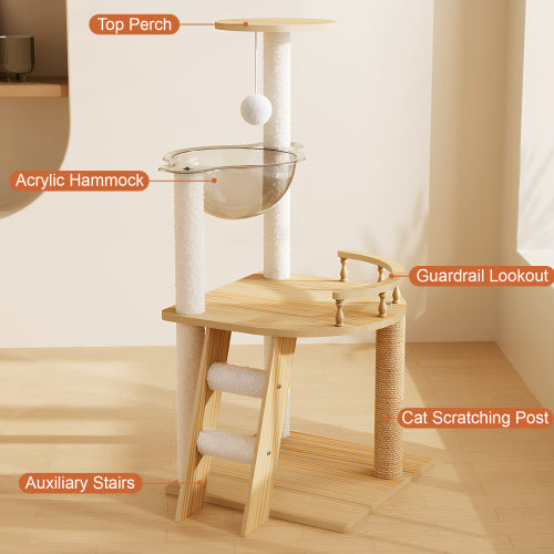 41.3" Modern Wood Cat Tree Tower – Multi-Level Cat Condo with Sisal Scratching Posts, Acrylic Hammock & Top Perch for Small and Large Indoor Cats