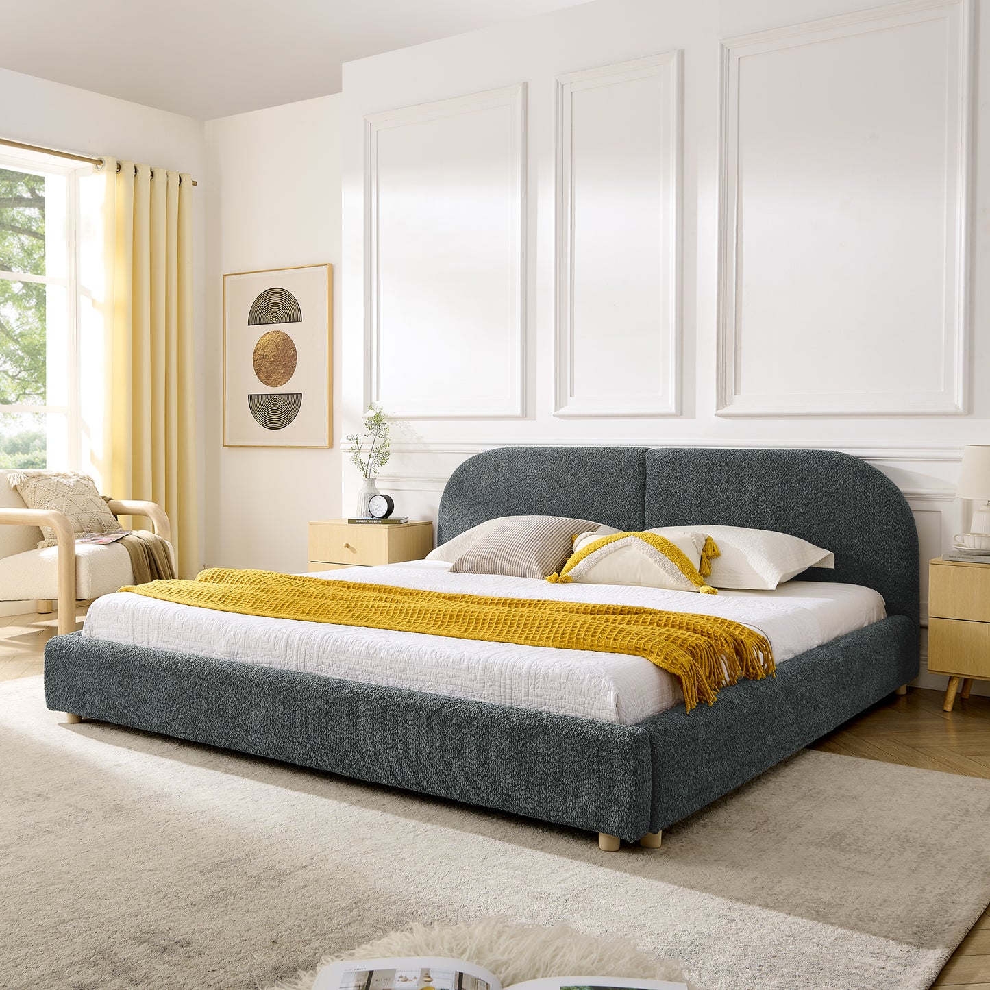 Upholstered Bed Frame, Modern Minimalist Style with Tall Curved Headboard, Premium Circle Yarn