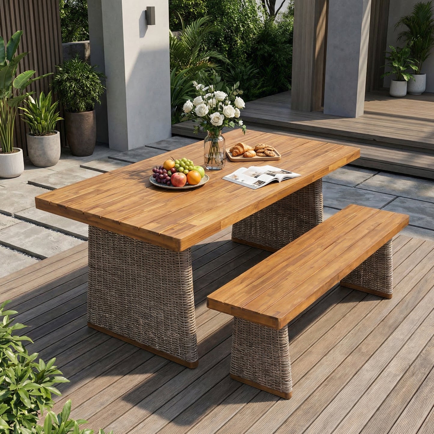 Outdoor Acacia Wood Dining Table and Bench Set – Patio Dining Furniture with Slatted Top and Handwoven Rattan Legs