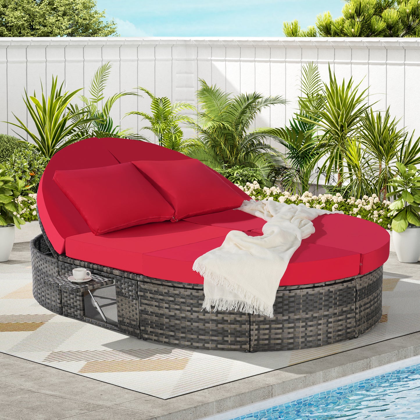 Outdoor Round Wicker Daybed – Rattan Patio Lounge with Adjustable Backrests & Cup Holders, Garden Sunbed
