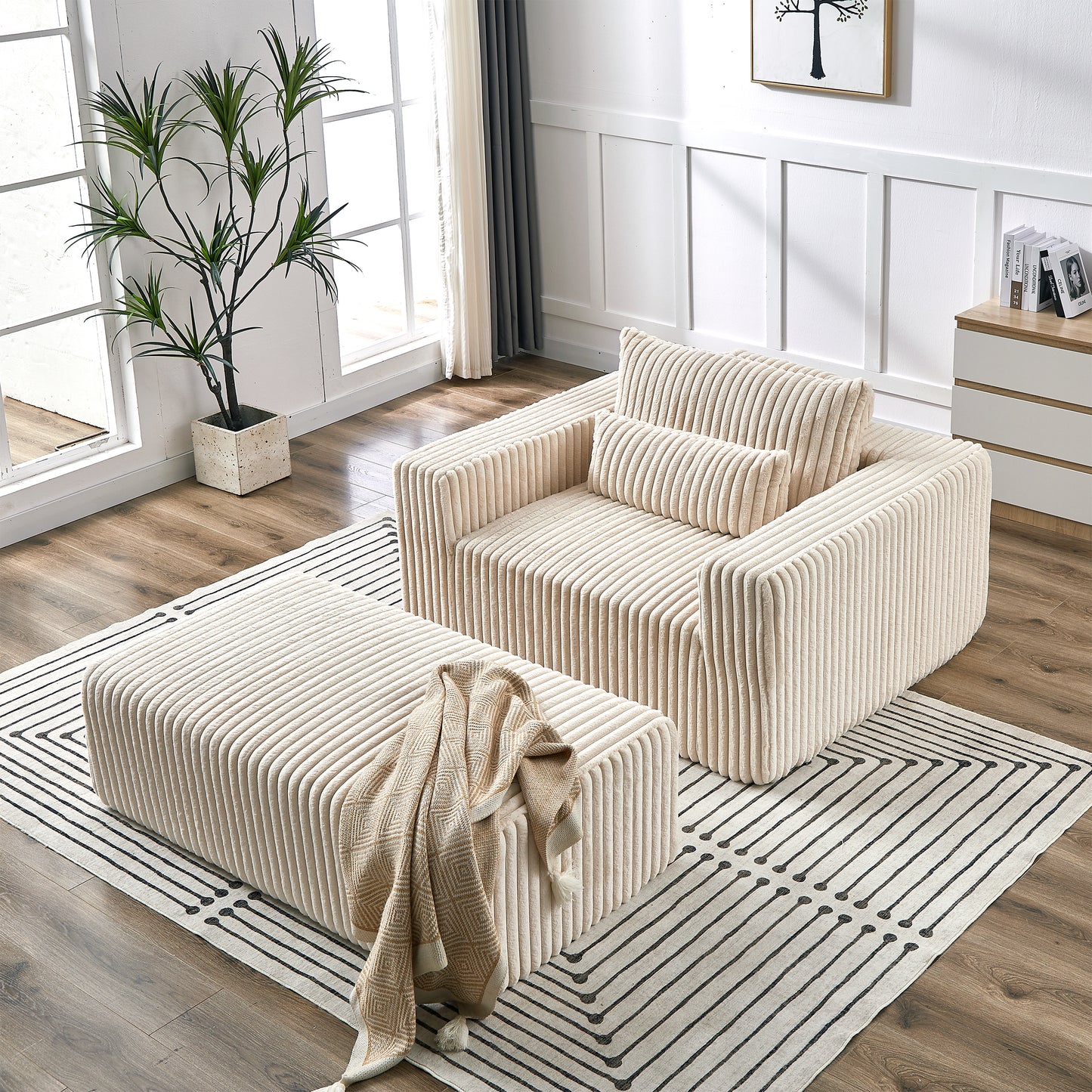 75-Inch Corduroy Sponge Sofa Lounge Chair with Removable footrest,No Assembly Required,Fluffy Modern Sleeper Chair for Indoor Living Room Bedroom