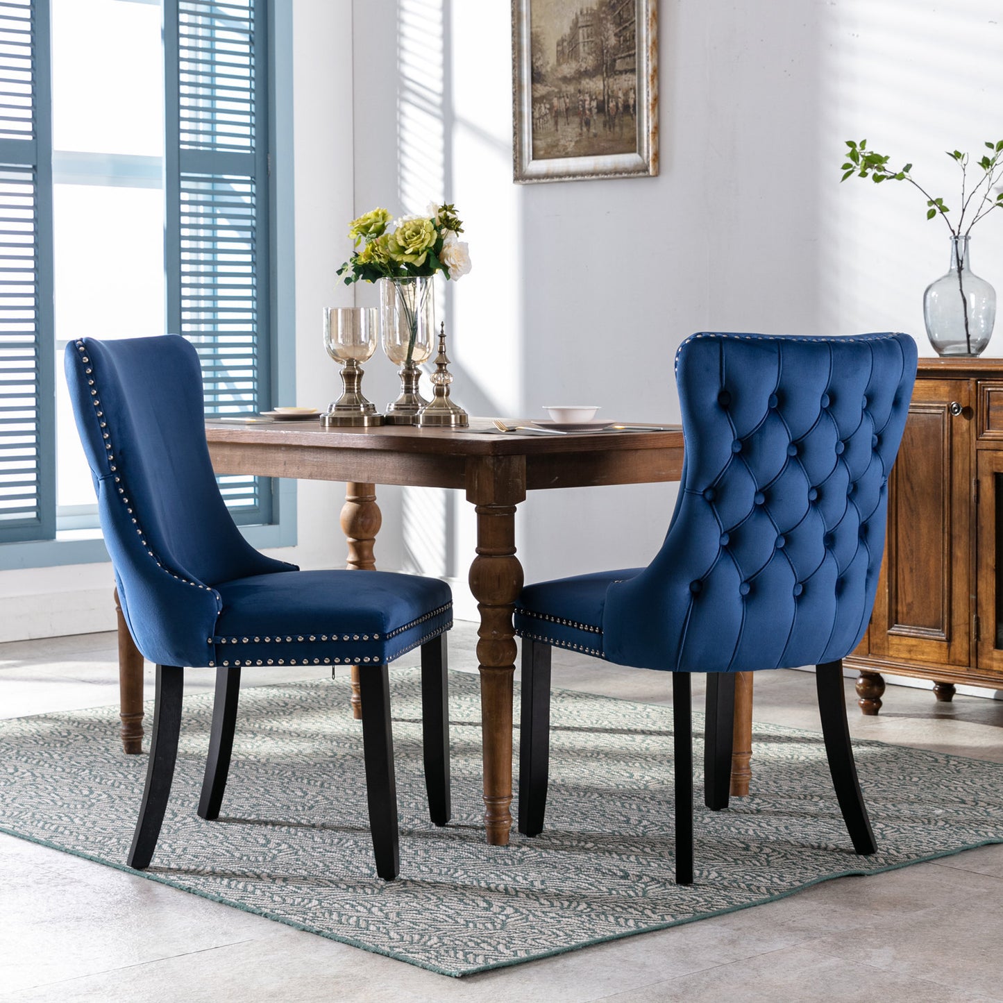 Upholstered Wing-Back Dining Chair with Backstitching Nailhead Trim and Solid Wood Legs,