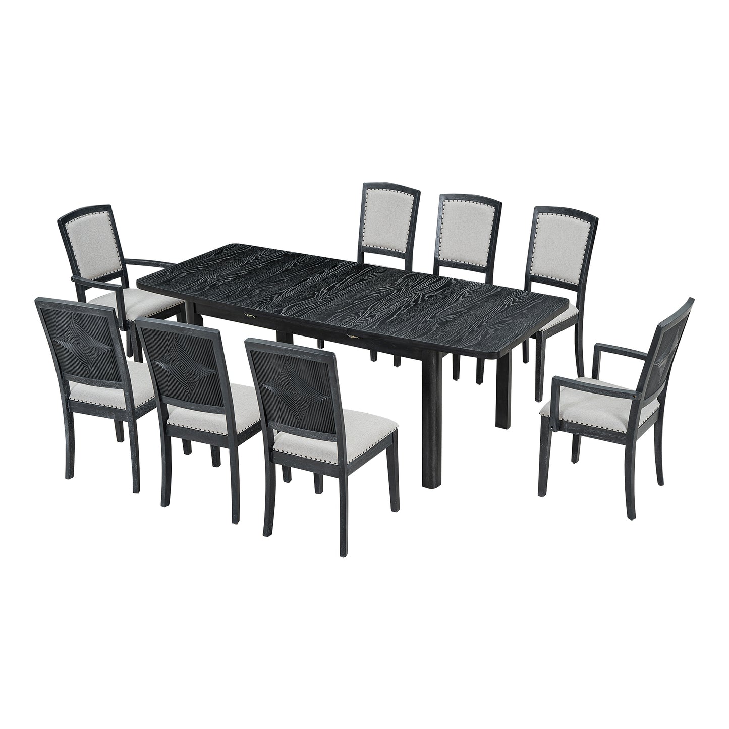 Rustic Extendable Dining Table Set with Removable Leaf, 6 Upholstered Armless Dining Chairs and 2 Padded Arm Chairs