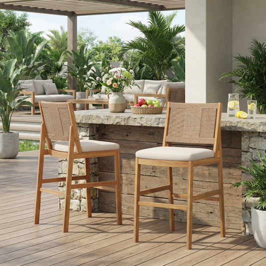 Outdoor Acacia Wood Bar Stools Set of 2 – Bar Height Chairs with Wicker Back and Water-Repellent Cushions