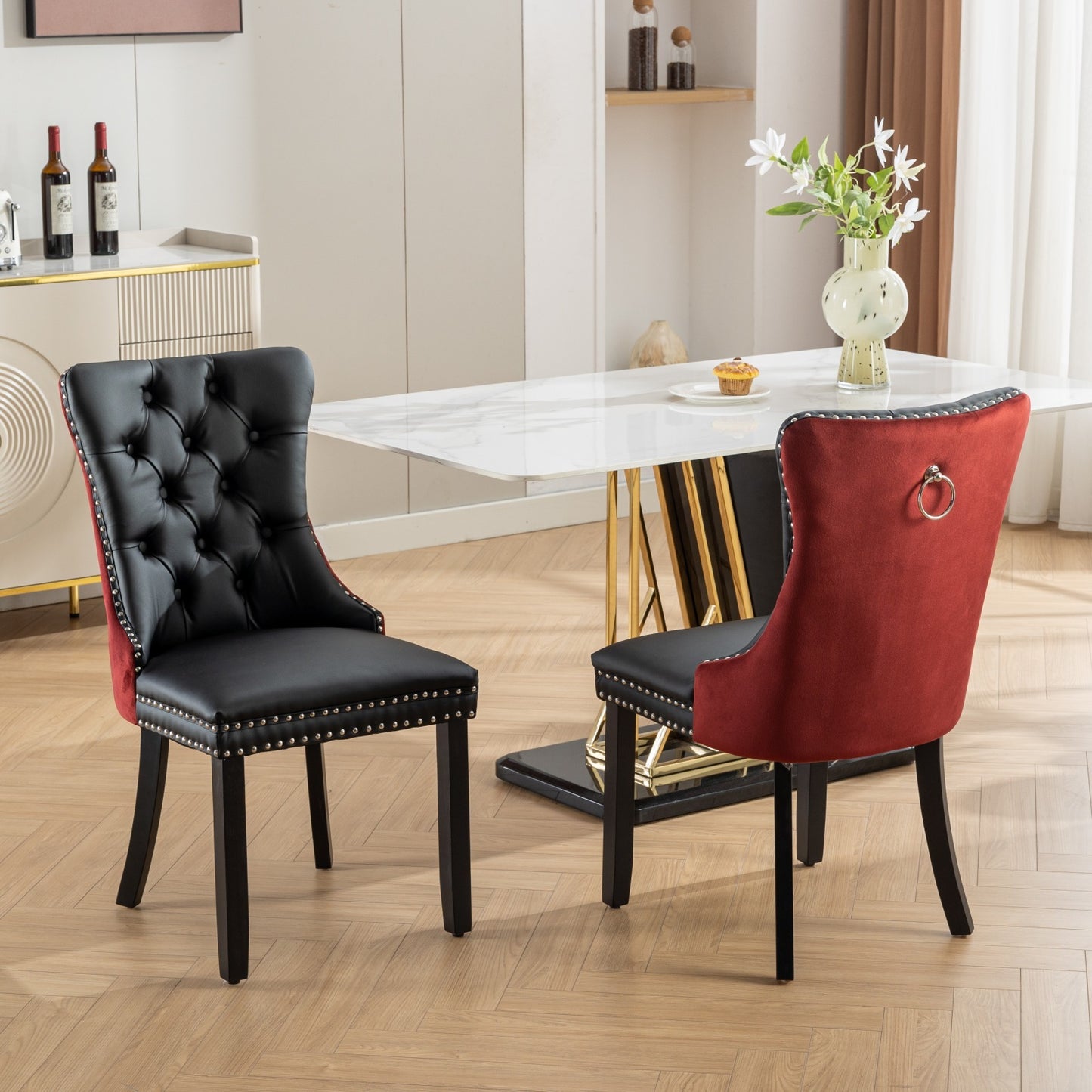 Nikki Collection Modern Tufted Solid Wood PU and Velvet Dining Chair with Nailhead Trim