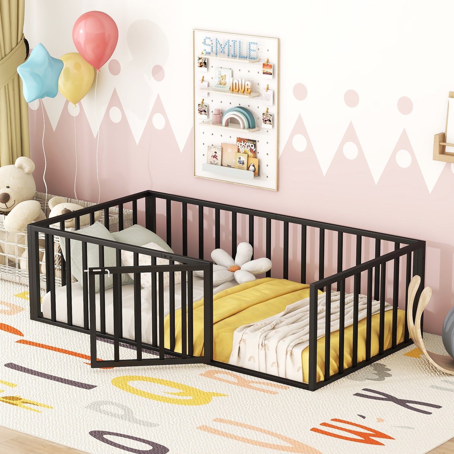 Twin Size Metal Floor Bed Frame with Fence and Door