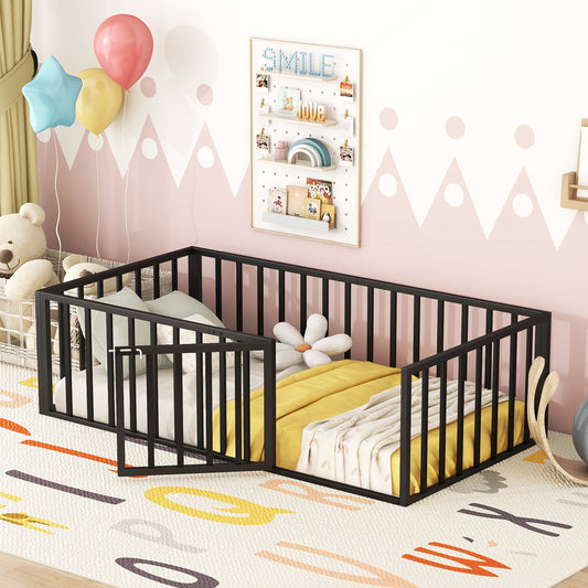 Platform Bed Twin Black, Pink, and White Metal with Fence and Door for Bedroom and Guest Room