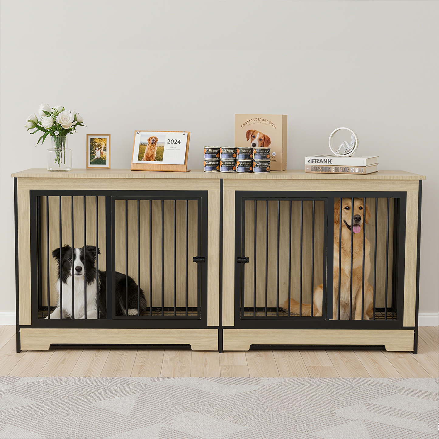 XL Double Dog Crate Furniture – Wooden Dog Kennel with Two Compartments, Removable Trays & Heavy Duty Metal Frame for Medium and Large Dogs