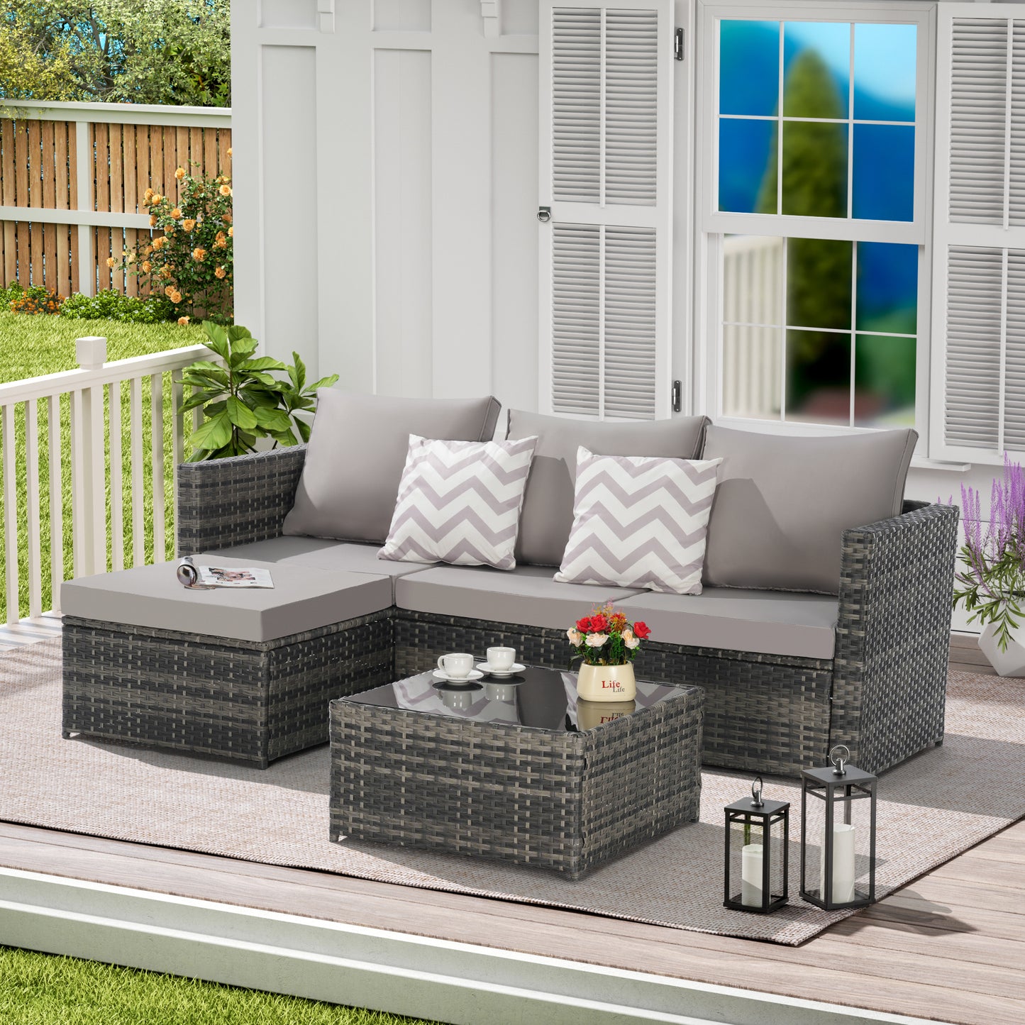 2 Piece Outdoor L-Shaped Wicker Patio Set – Sectional Sofa with Ottoman, Rattan Garden Furniture