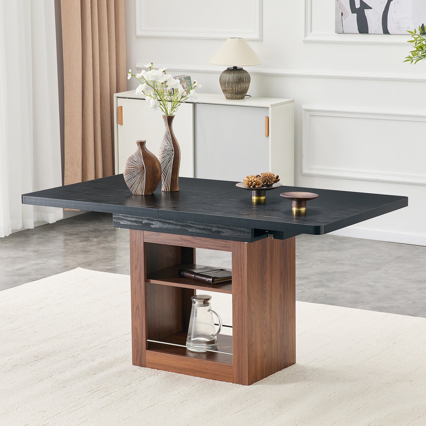 Expandable Dining Table with Storage – 59"–71" Rectangular Kitchen Table, Walnut Finish Multifunction Dining Table