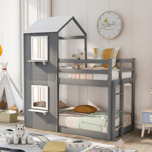 Playhouse Bunk Bed, Twin Over Twin, Solid Wood with Ladder, Guardrails, and Playhouse Design for Shared Bedroom or Guest Room