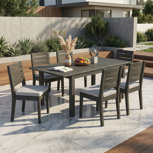 7-Piece Outdoor Acacia Wood Dining Set with Extendable Table, Umbrella Hole & Water-Repellent Cushioned Chairs