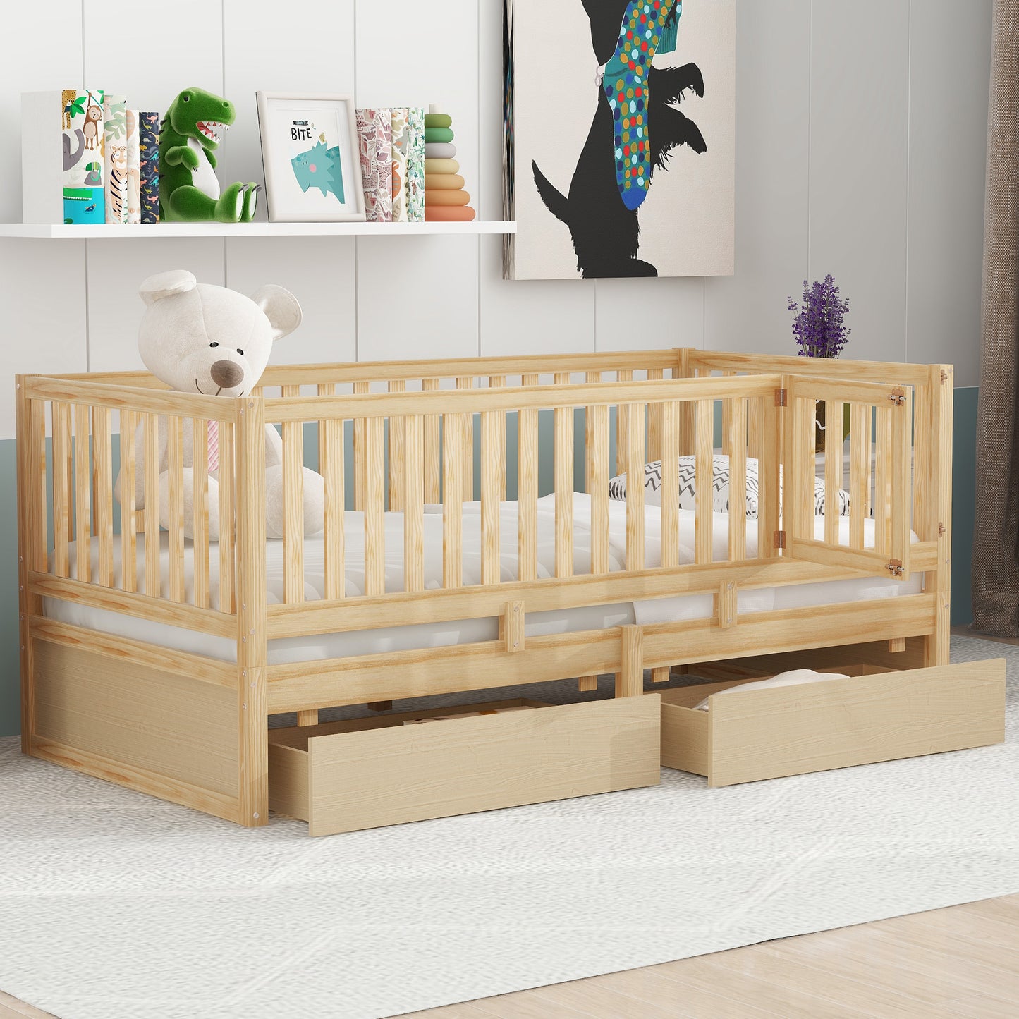 Twin Size Wood Daybed with Fence Guardrails and 2 Drawers, Split into Independent Floor Bed