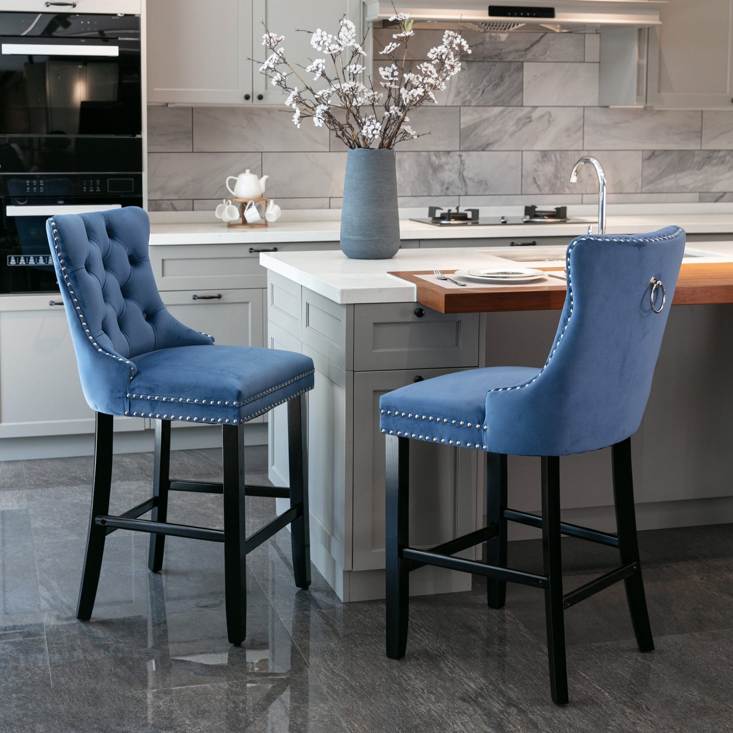 Contemporary Velvet Upholstered Barstools with Button Tufted Decoration, Wooden Legs, and