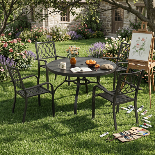 5-Piece Round Patio Dining Set with 47-Inch Wood-Grain Slat Table and Metal Chairs