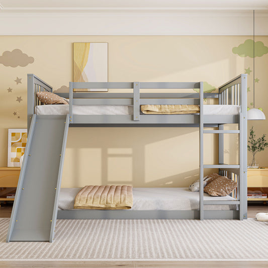 Bunk Bed, Twin Over Twin, Plywood with Slide and Ladder for Shared Bedroom or Guest Room