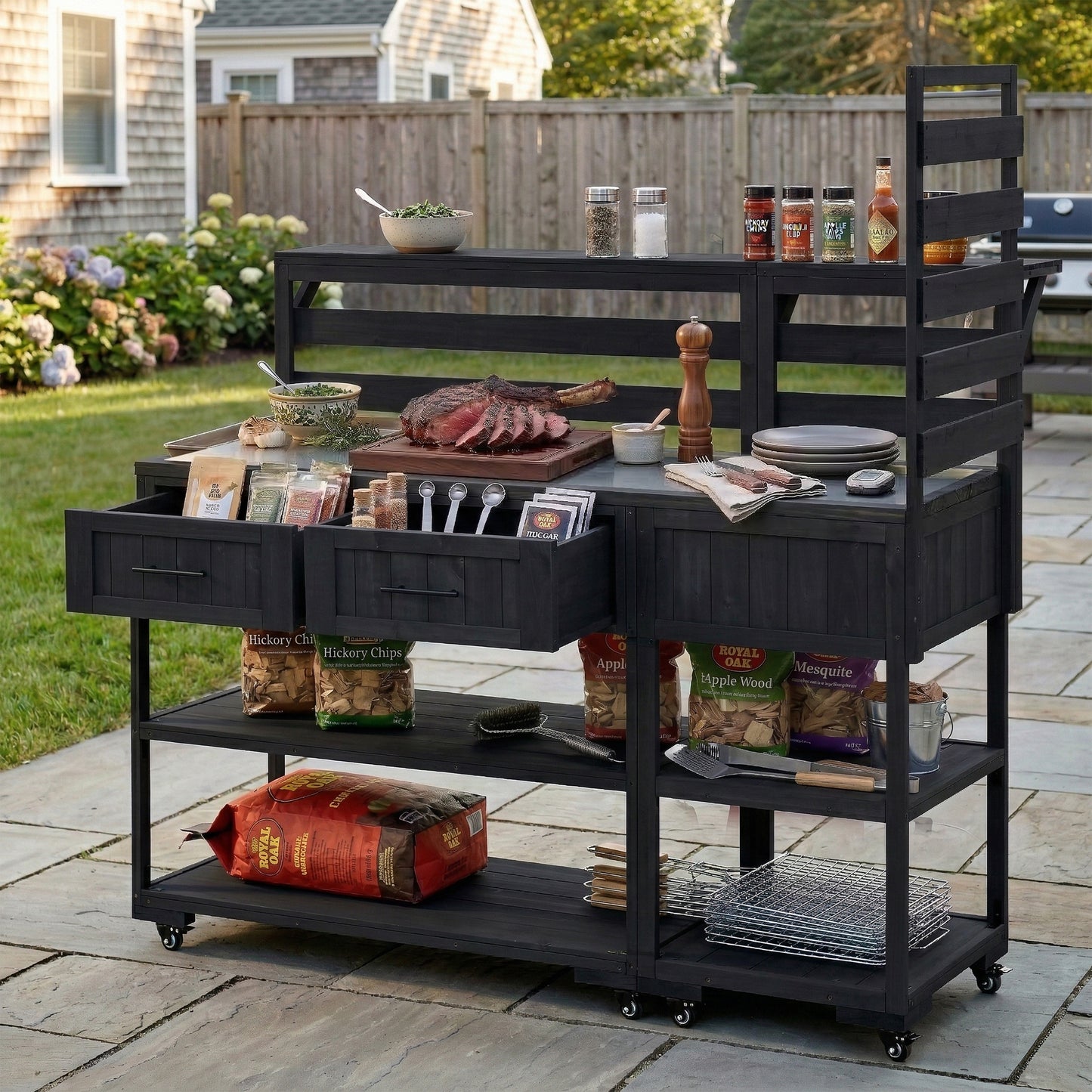 62.3'' Patio Kitchen Island Solid Wood Kitchen Cart with Stainless Table Top, Garden Pot