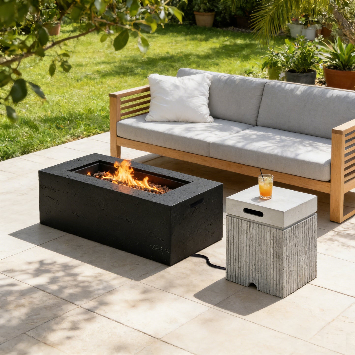 2-Piece Fire Pit Set: 41.9' Propane Fire Pit (40,000 BTU) with Burner & Lava Rocks and 15.75' MGO Tank Cover Table for 2