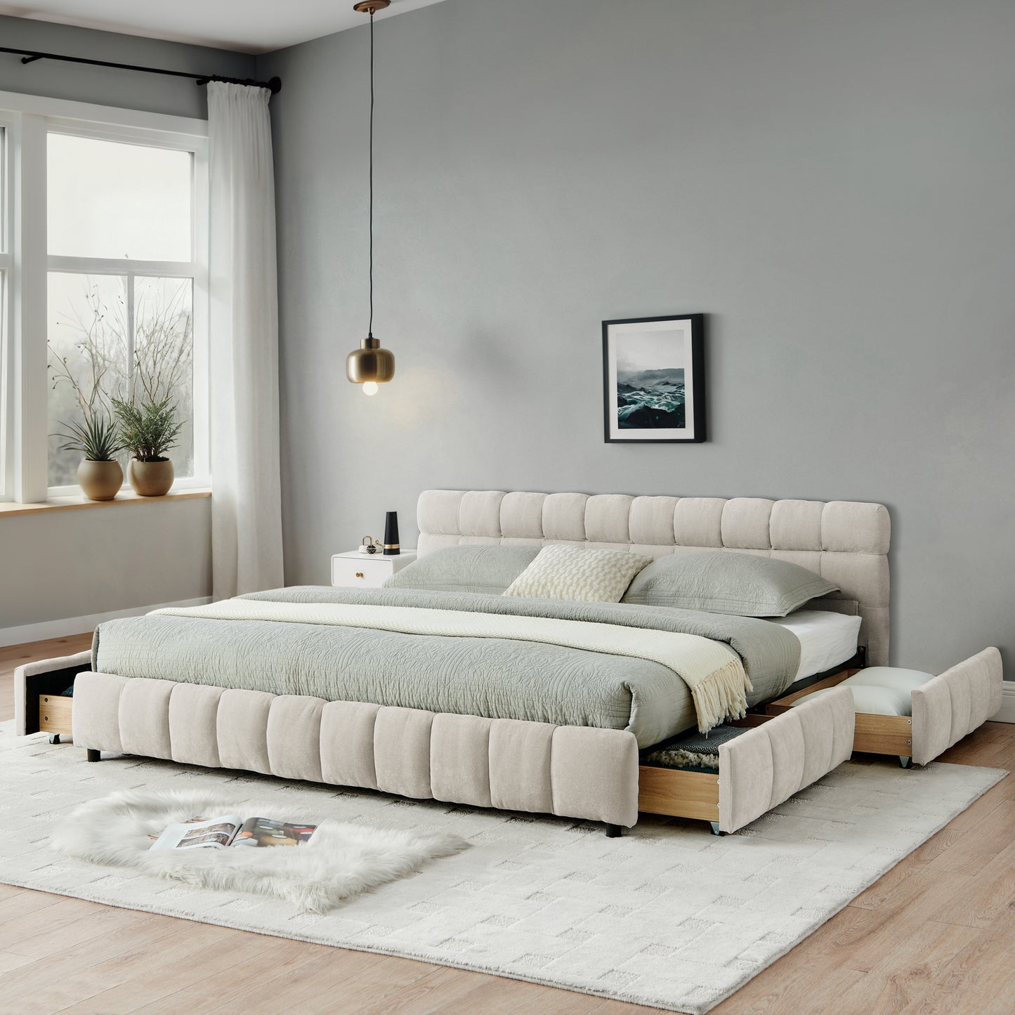 California King Upholstered Bed Frame with Storage Drawer and Chenille Fabric Headboard