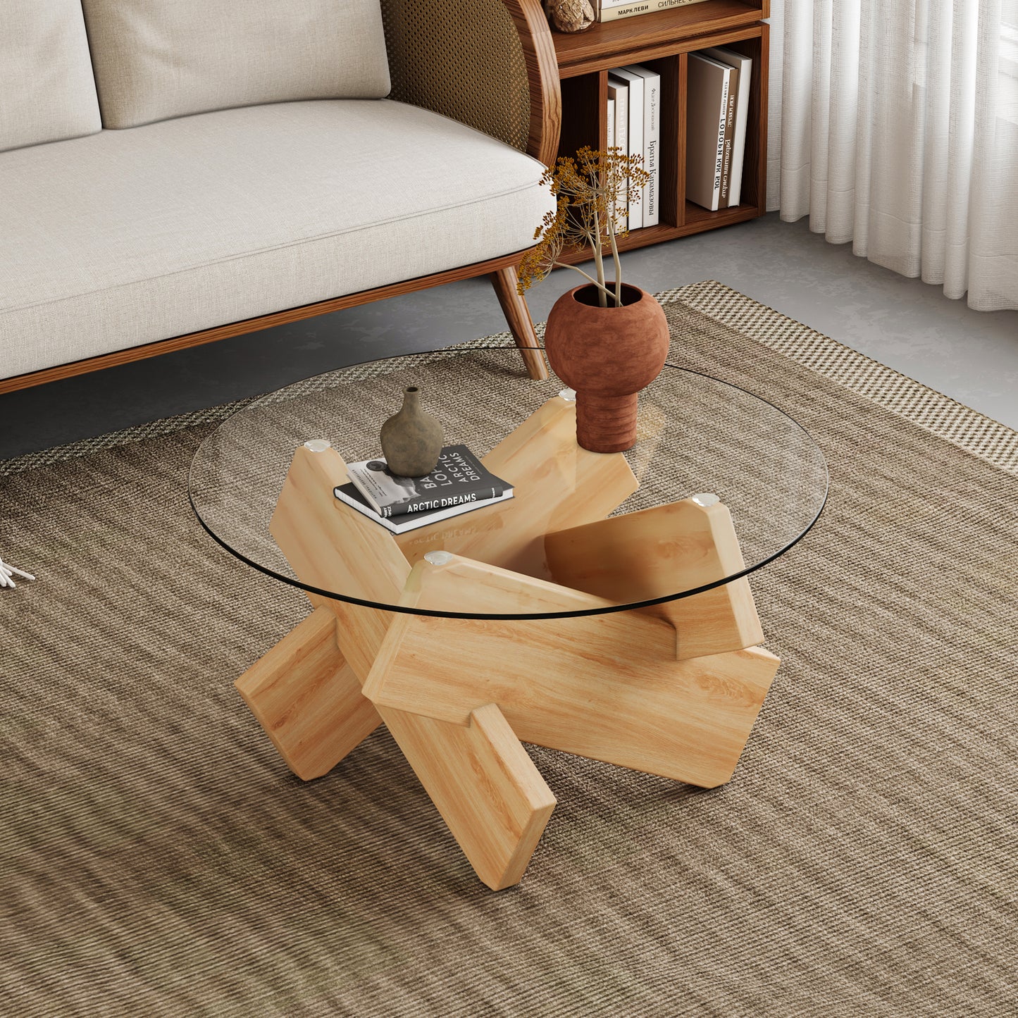 Modern Round Glass Coffee Table – 33.4" Tempered Glass Top with MDF Legs, Minimalist Living Room Table