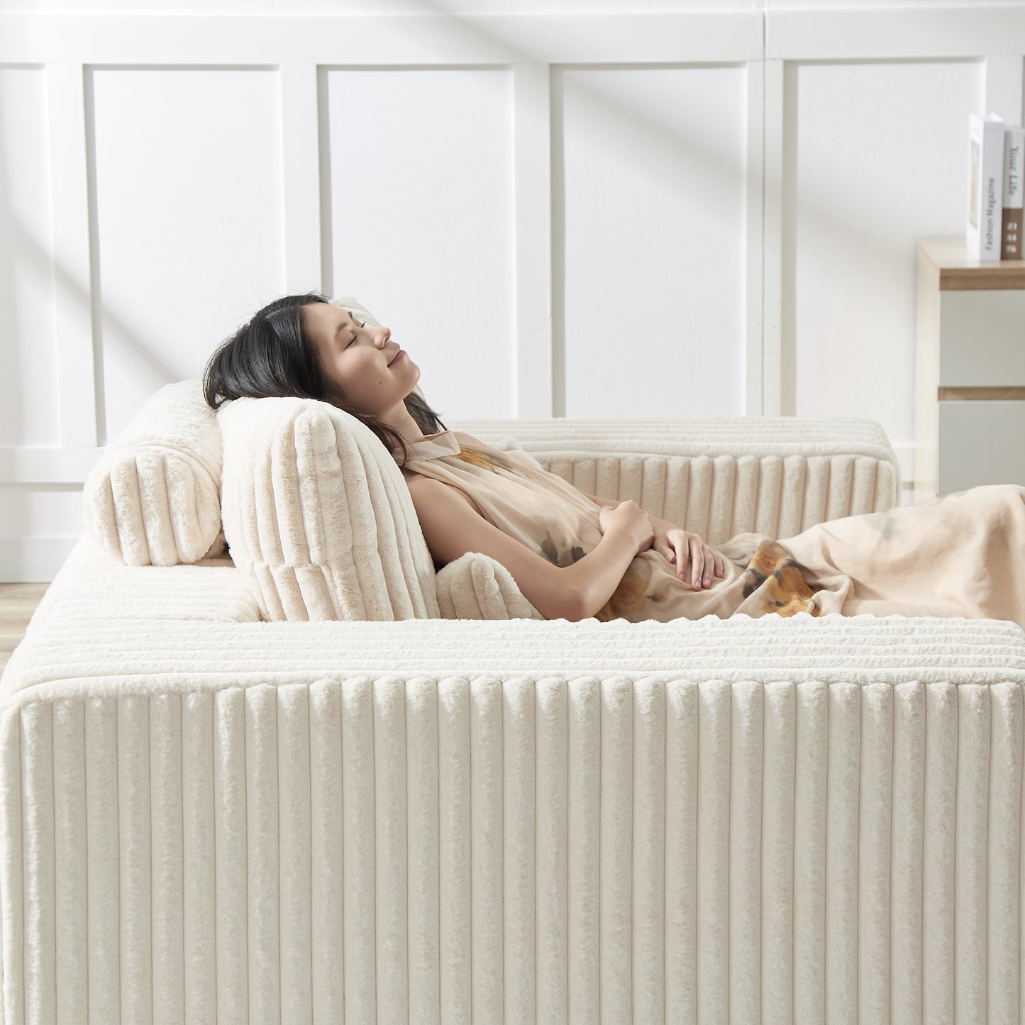 75-Inch Corduroy Sponge Sofa Lounge Chair with Removable footrest,No Assembly Required,Fluffy Modern Sleeper Chair for Indoor Living Room Bedroom