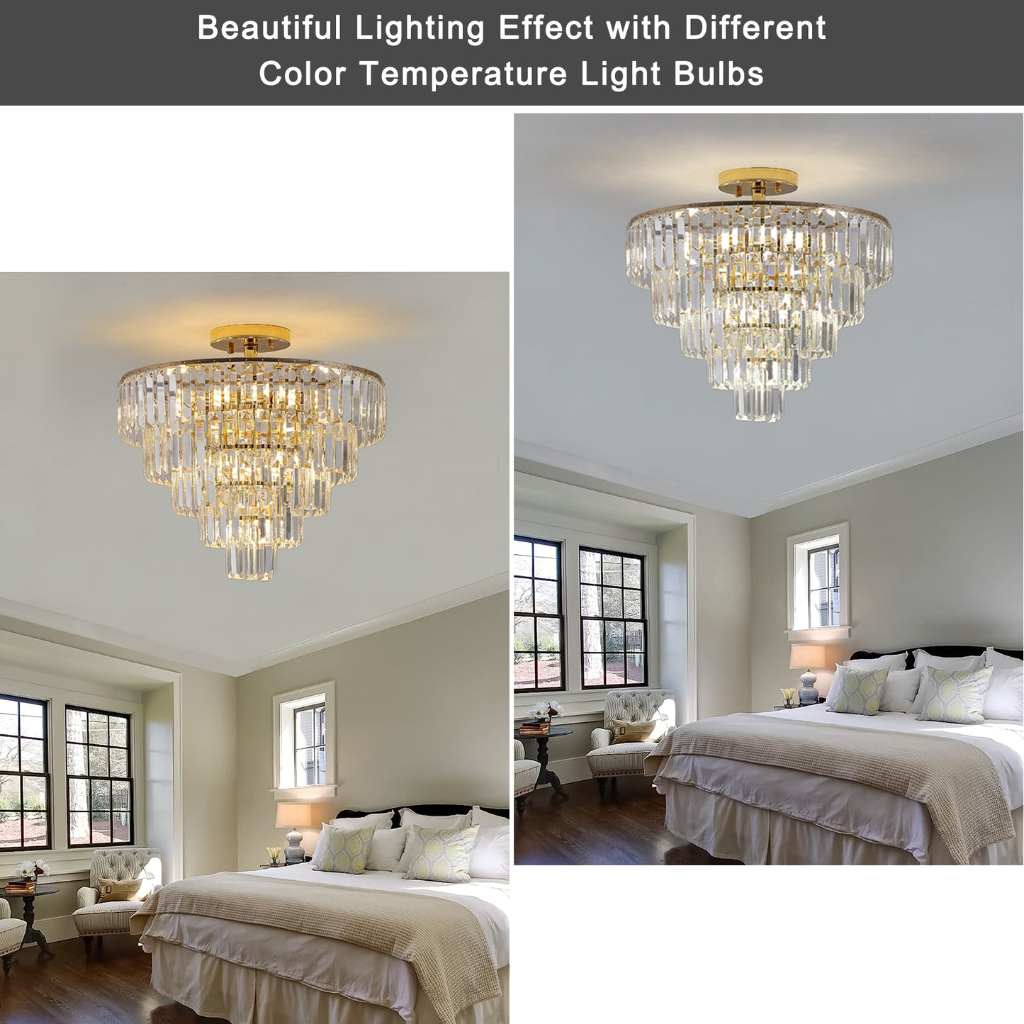 (Same as W1340102252/L5001) Gold Crystal Chandeliers,5-Tier Round Semi Flush Mount Chandelier Light Fixture,Large Contemporary Luxury Ceiling Lighting for Living Room Dining Room Bedroom Hallway