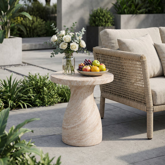 Travertine Lightweight Concrete Side Table – Indoor & Outdoor MGO Accent Table with Hourglass Design, Beige Finish