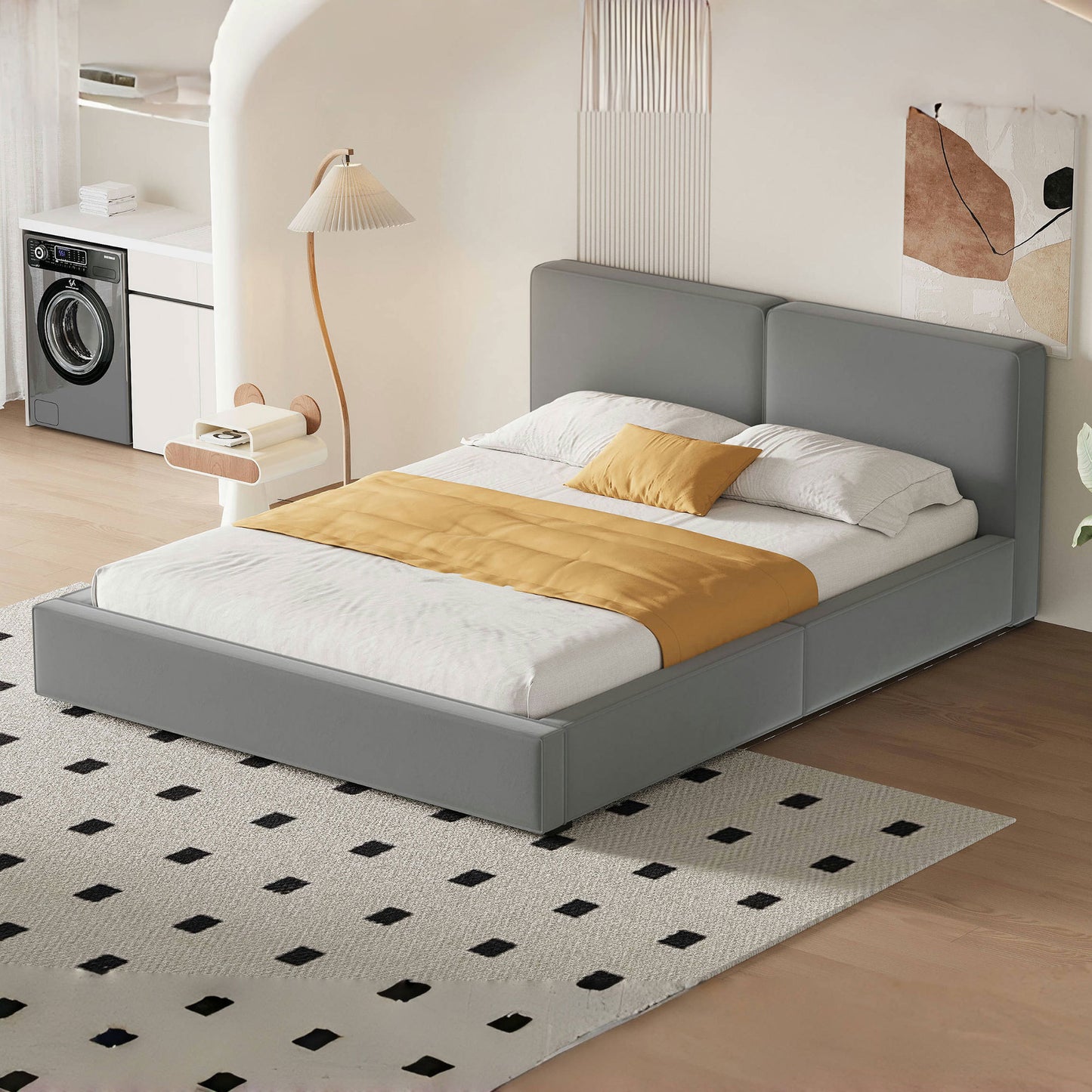 Queen Size Upholstered Platform Bed with Velvet Fabric, Grounded Bed with Solid Frame