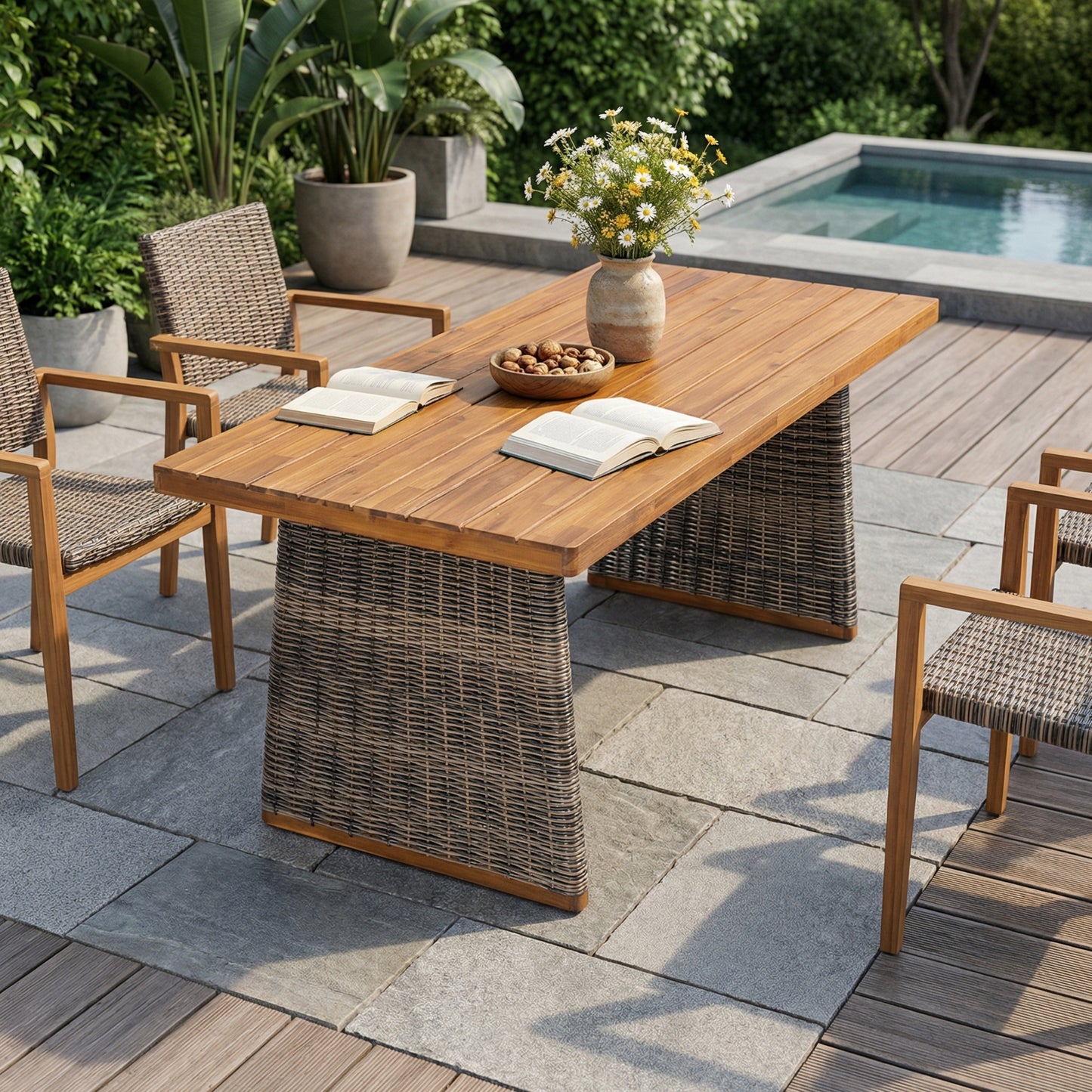 Outdoor Acacia Wood Dining Table with Handwoven Wicker Legs – Teak Finish Patio Dining Table with Slatted Top