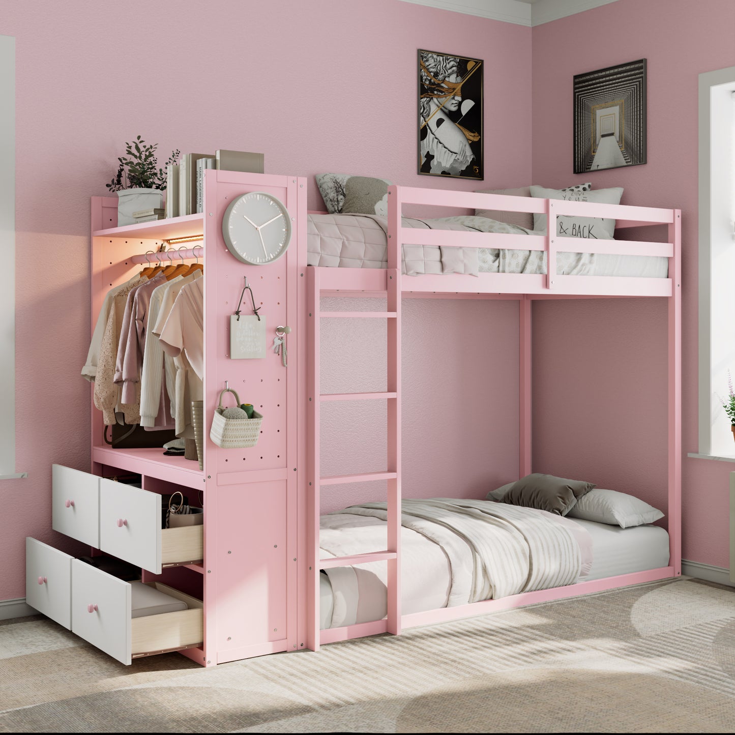 Twin Size Bunk Bed with 4 Storage Drawers, Hanging Rail, Light Strip, Shelves & Dual Pegboard