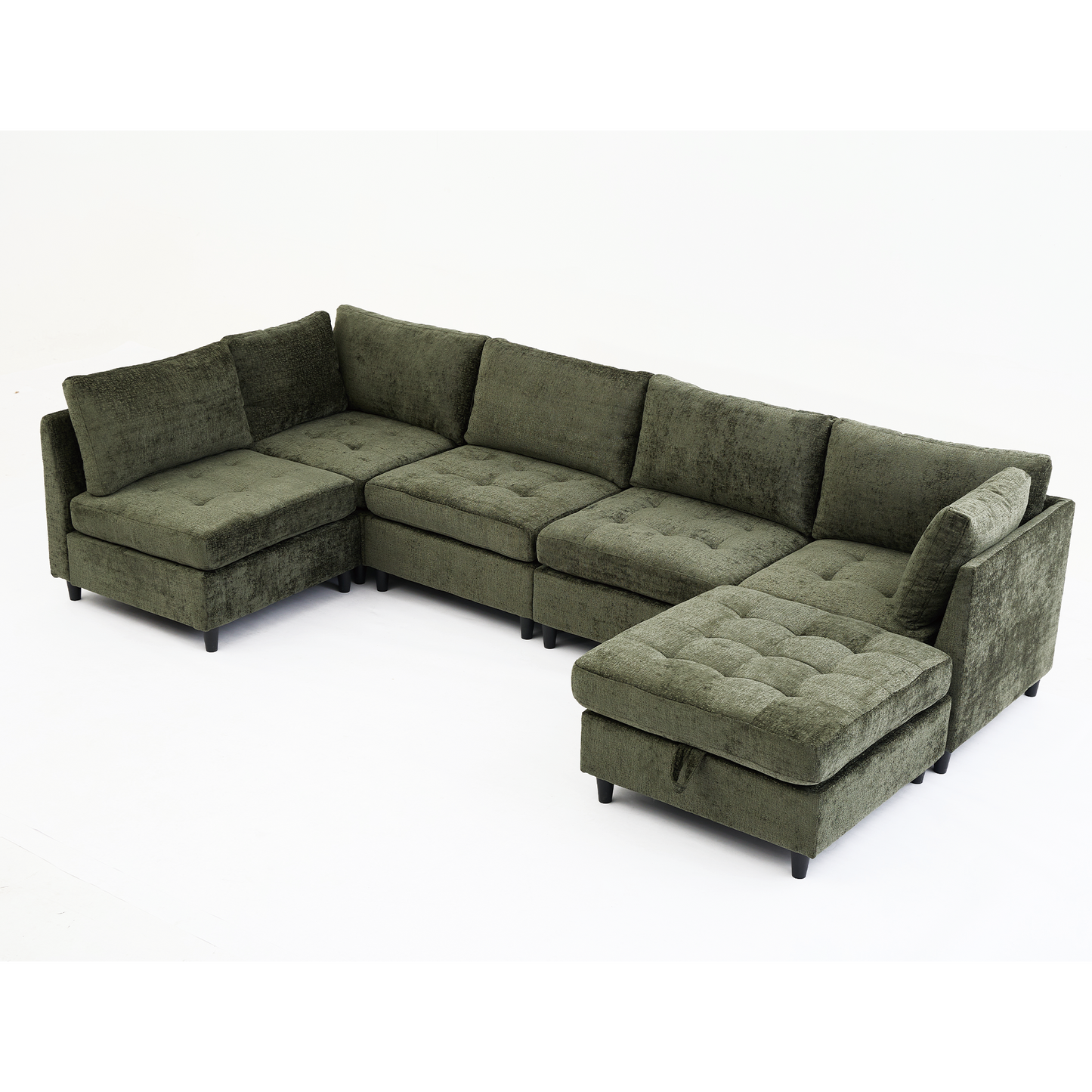 Modular Sectional Couch with Storage Ottoman, U Shaped Sofa, Storage Ottoman,Minimalist ,Convertible Modular Sofa,Chenille ,Upholstered,6 Seat,Living Room,   Green