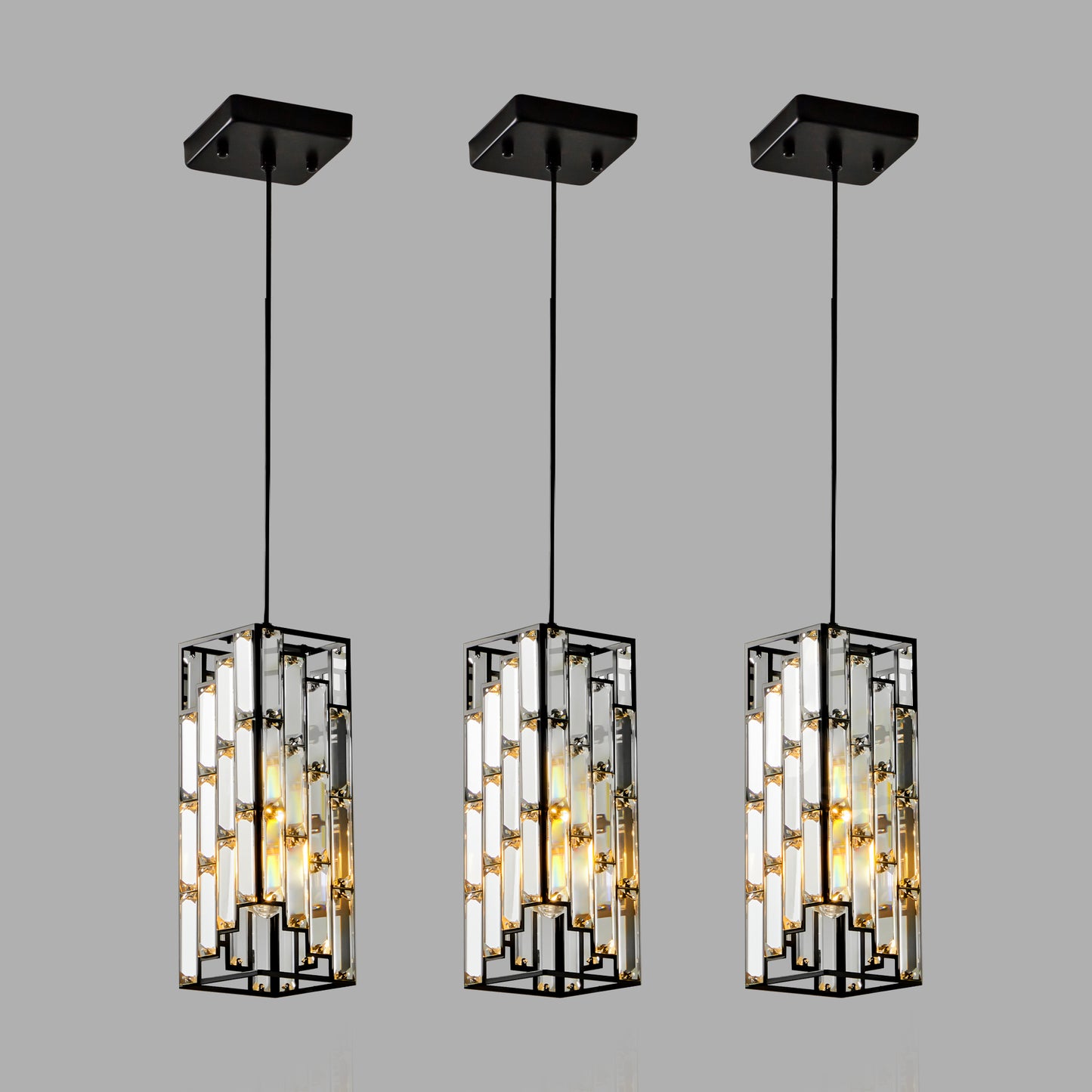 Modern Crystal Pendant Light - 3 Pack, Adjustable Hanging Ceiling Lamp with Crystal Prism Design for Dining Room, Kitchen Island, and Living Room -Black Finish