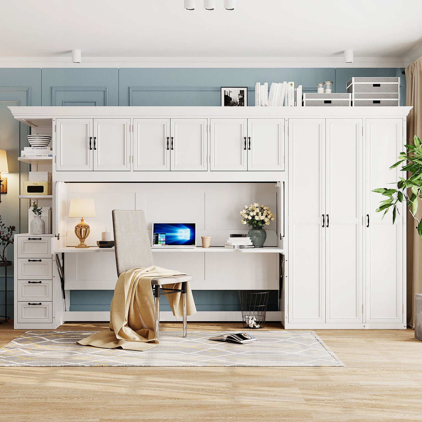 Murphy Bed Wall Bed with Wardrobe, Cabinet and Desk