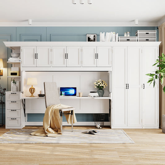 Murphy Wall Bed, Solid Wood and MDF with Wardrobe Storage, Cabinets, and Built-In Desk for Bedroom or Home Office