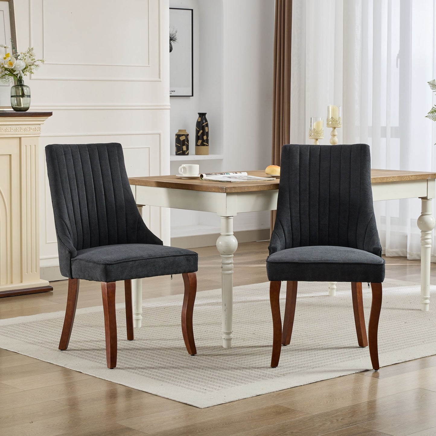 Rayon Cloth Flocking Linen Dining Chairs Channel Kitchen Dinner Chair Comfy Fabric Upholstered, set of 2