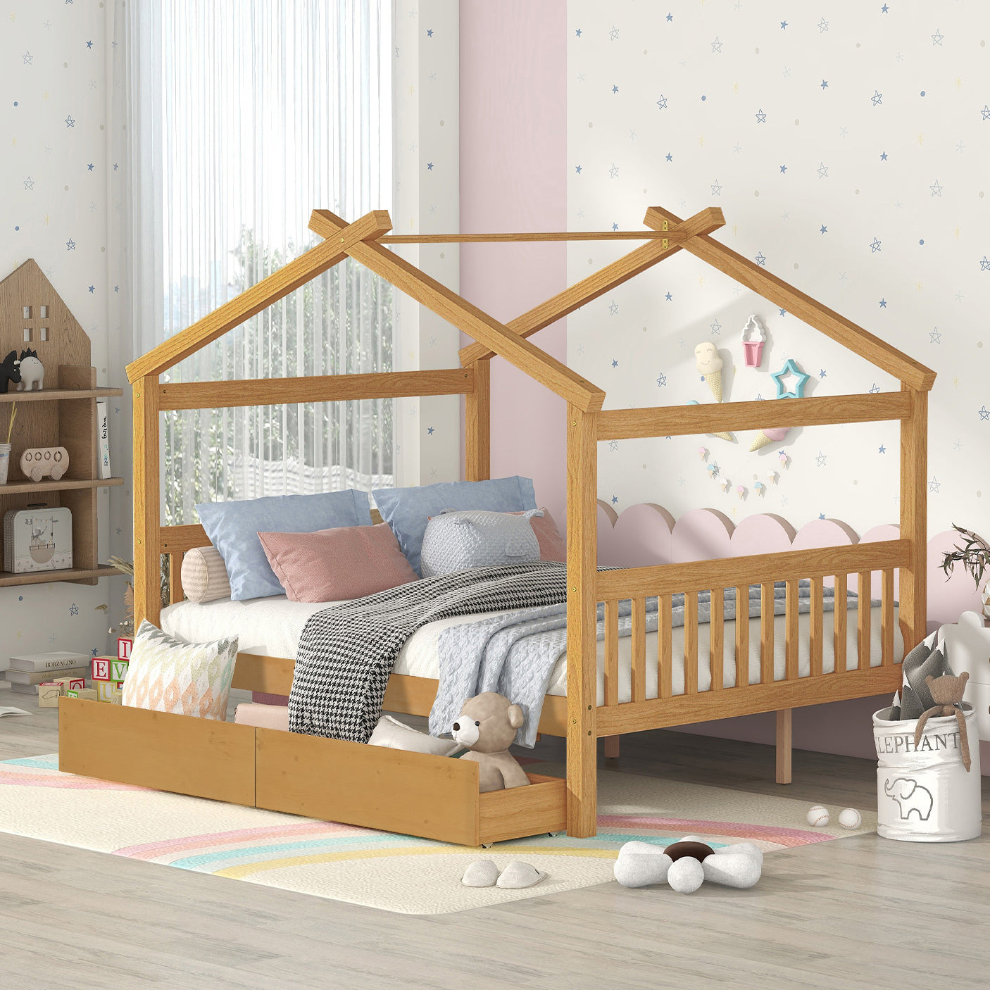 Full Size Wooden House Bed with Drawers