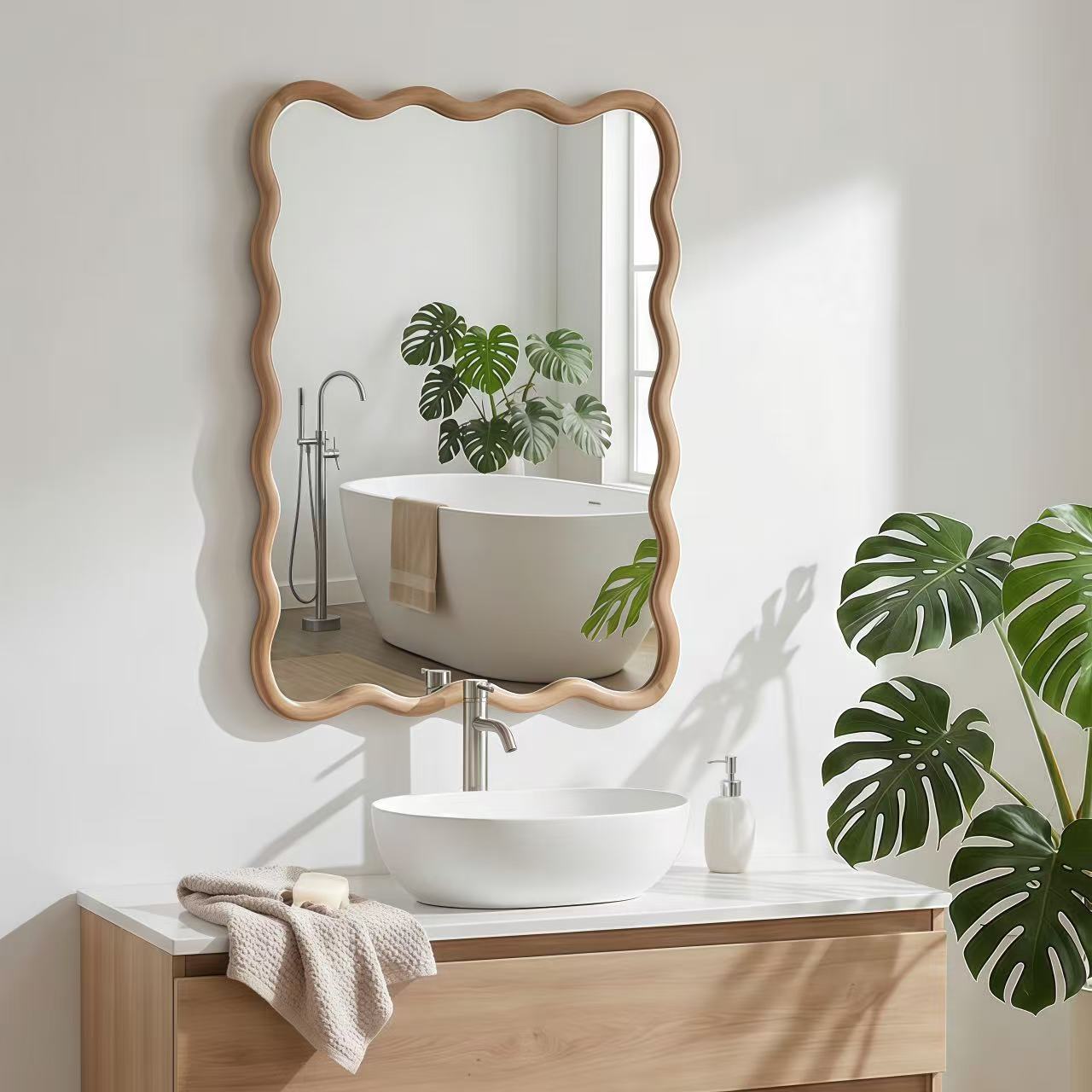 Wavy Solid Wood Wall Mirror – 20" x 30" Decorative Curved Frame Mirror for Bathroom, Bedroom & Entryway