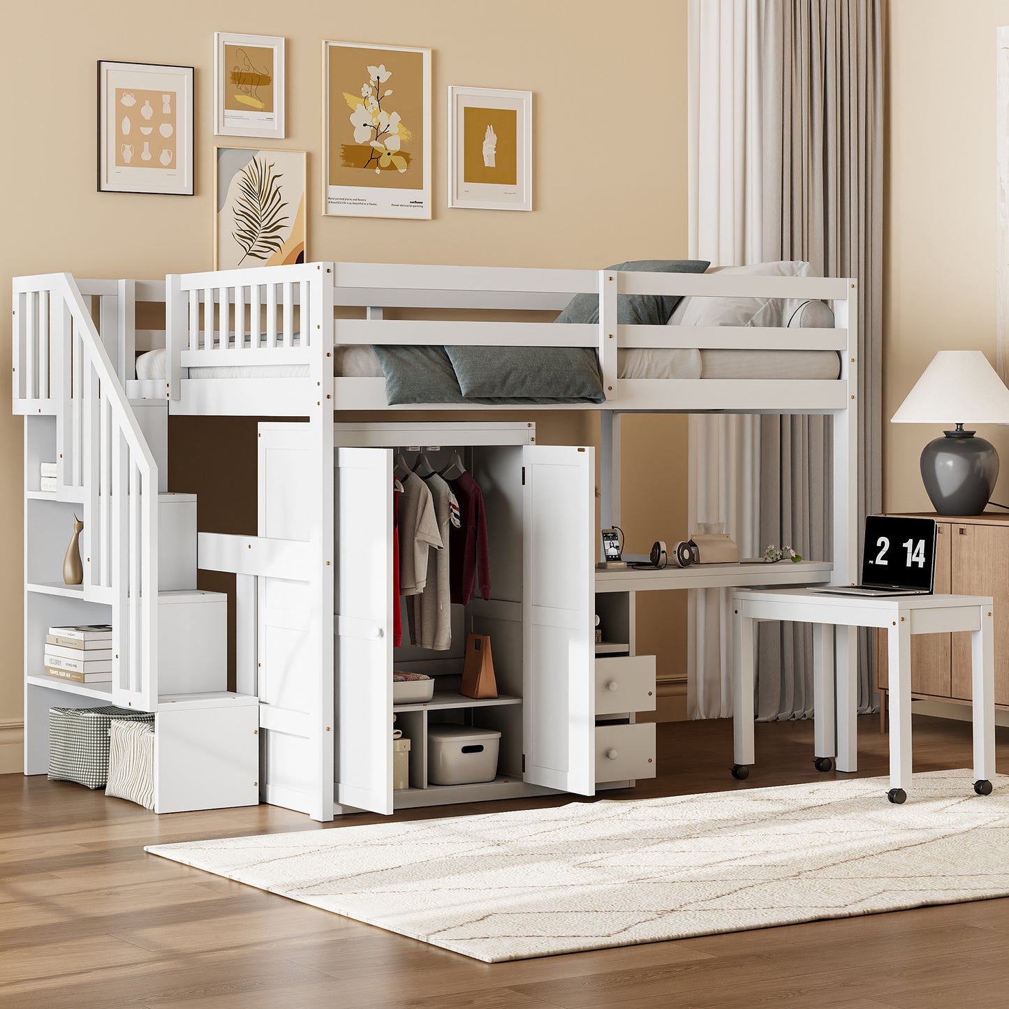 Full Size Loft Bed with Stairs, Bookshelf, Drawers, Desk & Wardrobe – Space