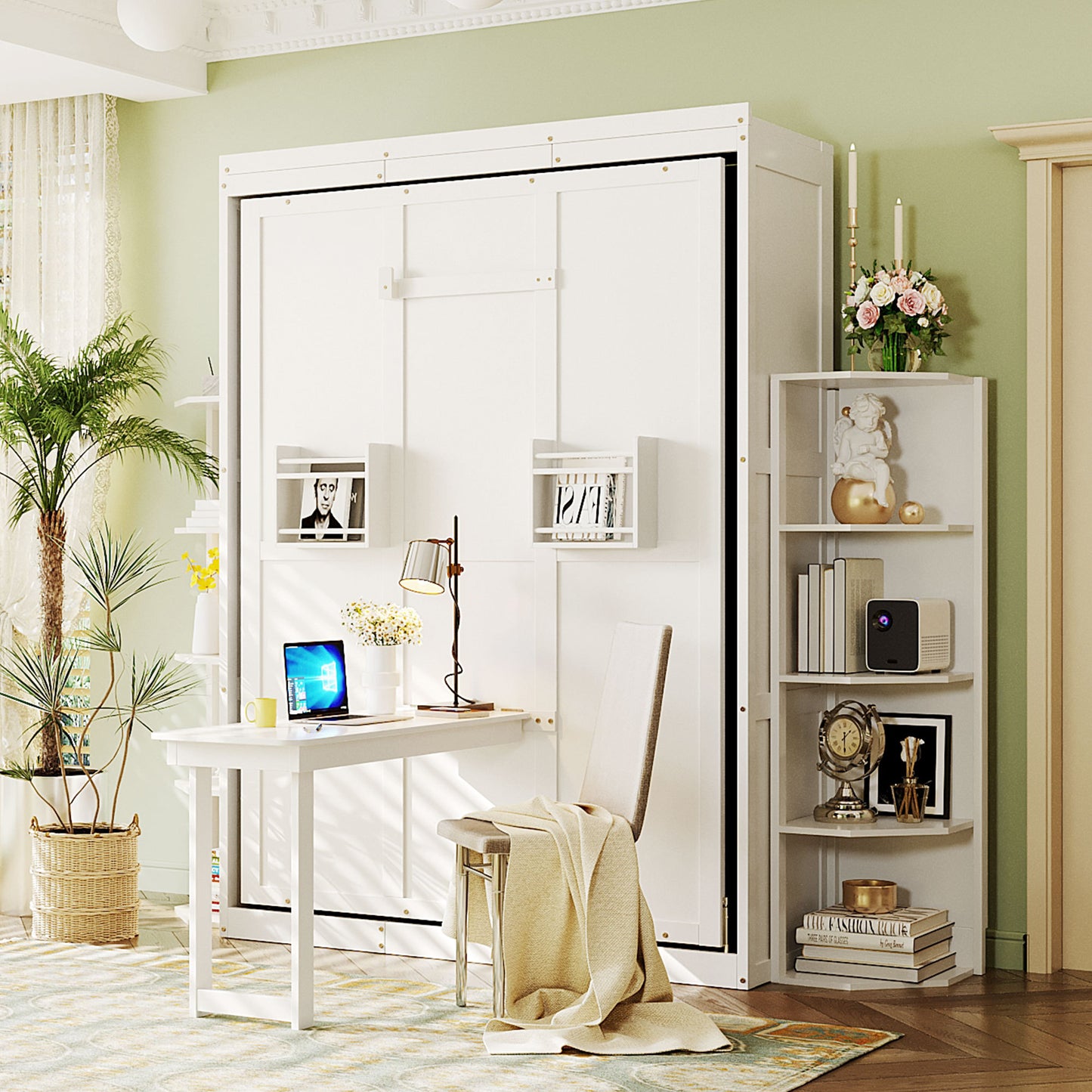 Rotating Full Murphy Bed with Hidden Wall Cabinet, Dual 3-Tier Side Shelves
