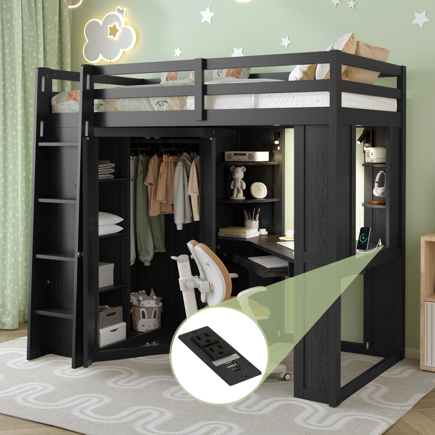Twin Size Loft Bed with Integrated Large Wardrobe and Desk, All-in-One Space-Saving High bed