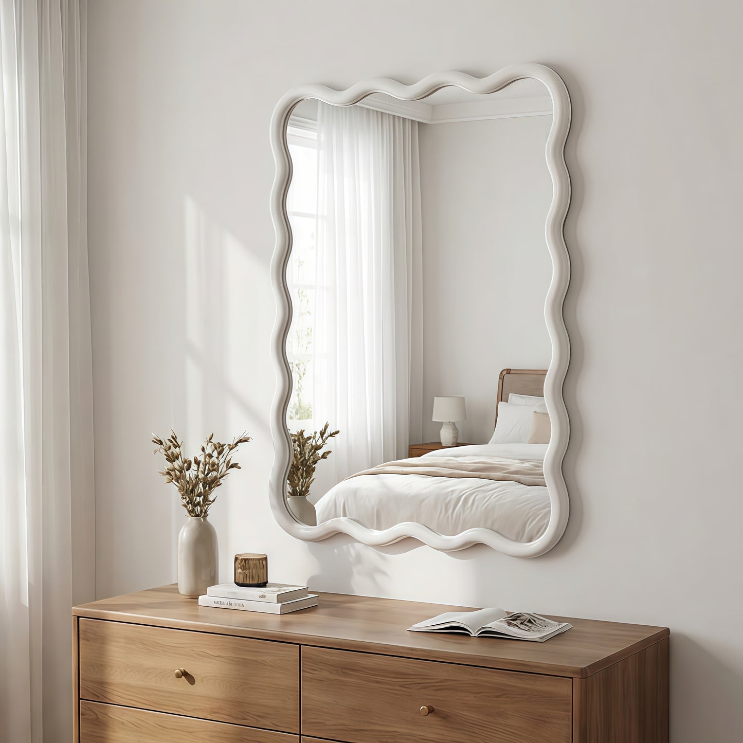 Wavy Solid Wood Wall Mirror – 20" x 30" Decorative Curved Frame Mirror for Bathroom, Bedroom & Entryway