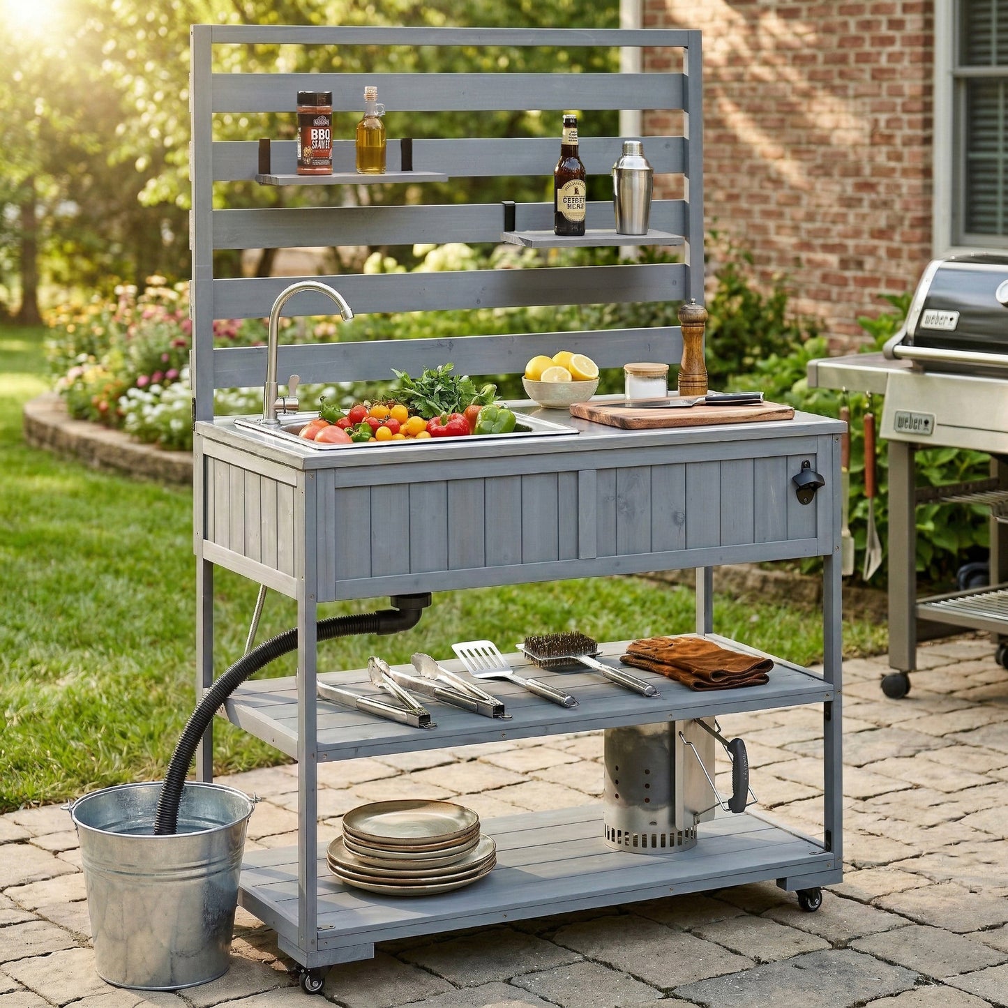 41.7'' Large Patio Rolling Kitchen Island Solid Wood Kitchen Cart with Sink, Garden Potting