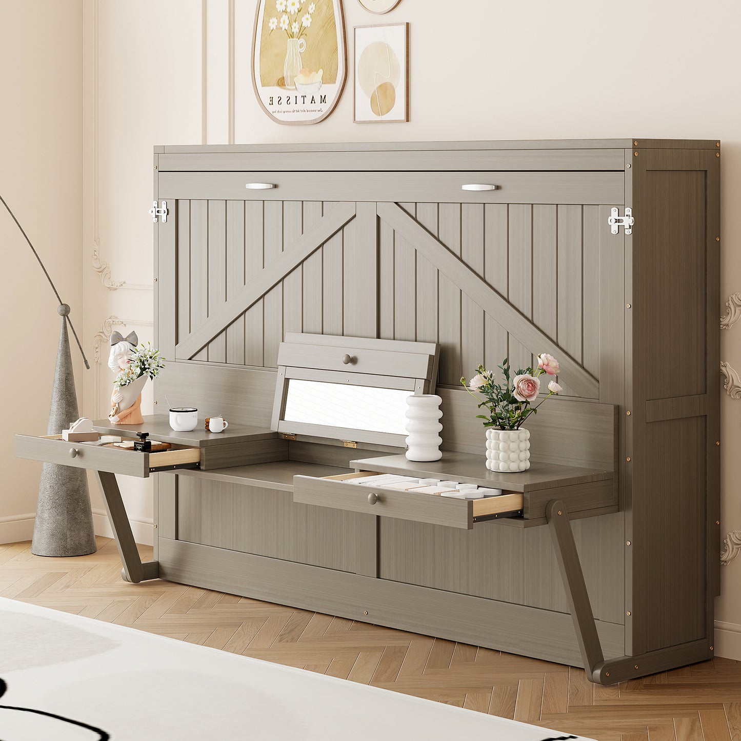 Queen Size Wall Murphy Bed with Storage, Foldable Cabinet Bed with Vanity Desk, Center Mirror &