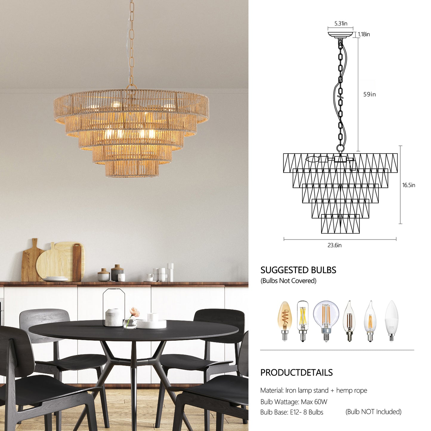 (Same as W1340P155977/L1019-5) Bohemian style Woven Pendant Light 23.6 Inch Rattan Ligh Large Rattan Pendant Light with 5-Tier Rattan Chandelier--Wood