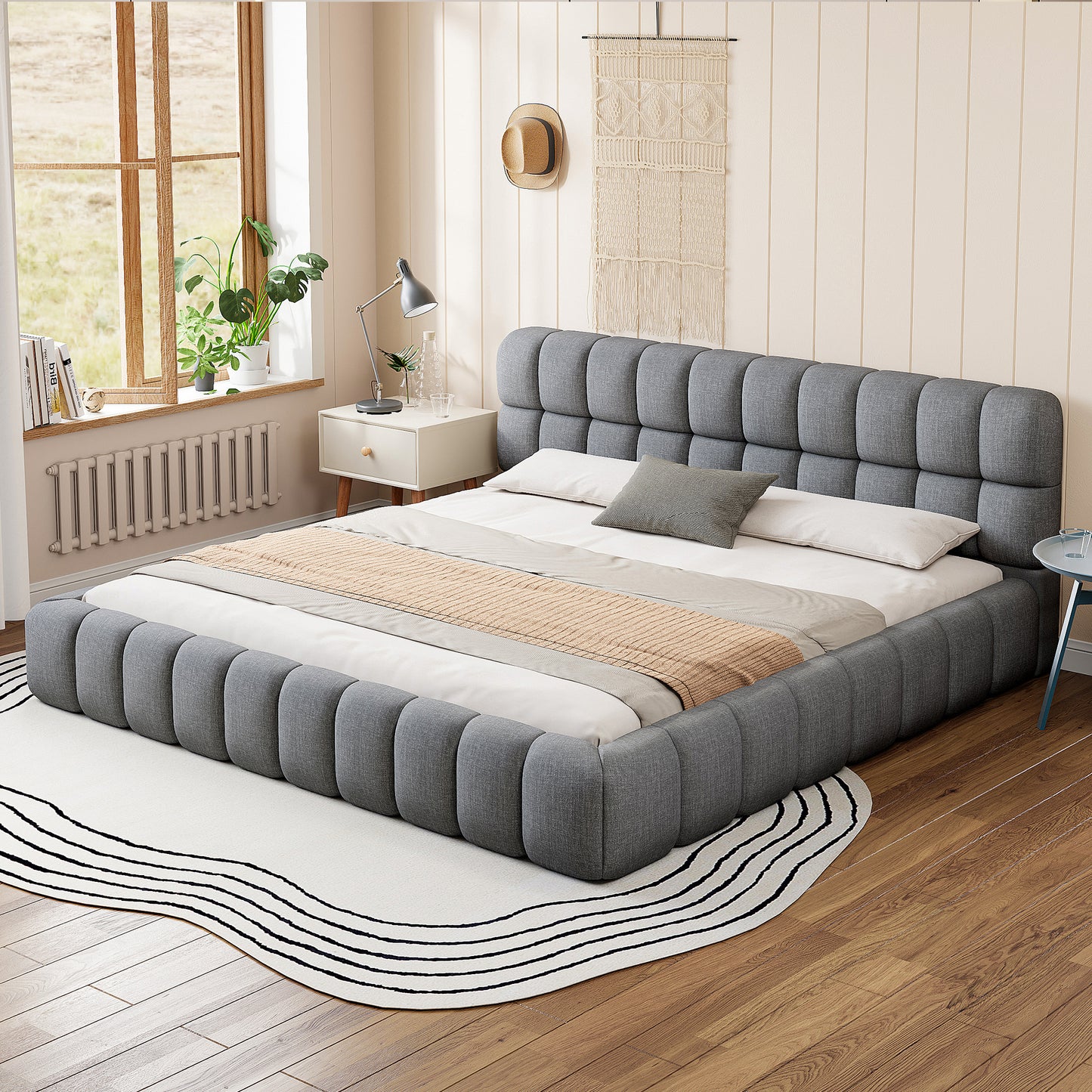 King Size Upholstered Platform Bed with Thick Fabric, Grounded Bed with Solid Frame, Gray
