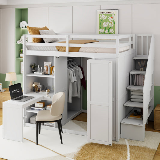 Loft Bed, Full Size, MDF and LVL with Shelves, Wardrobe Storage, and Built-In Desk for Bedroom or Study Space