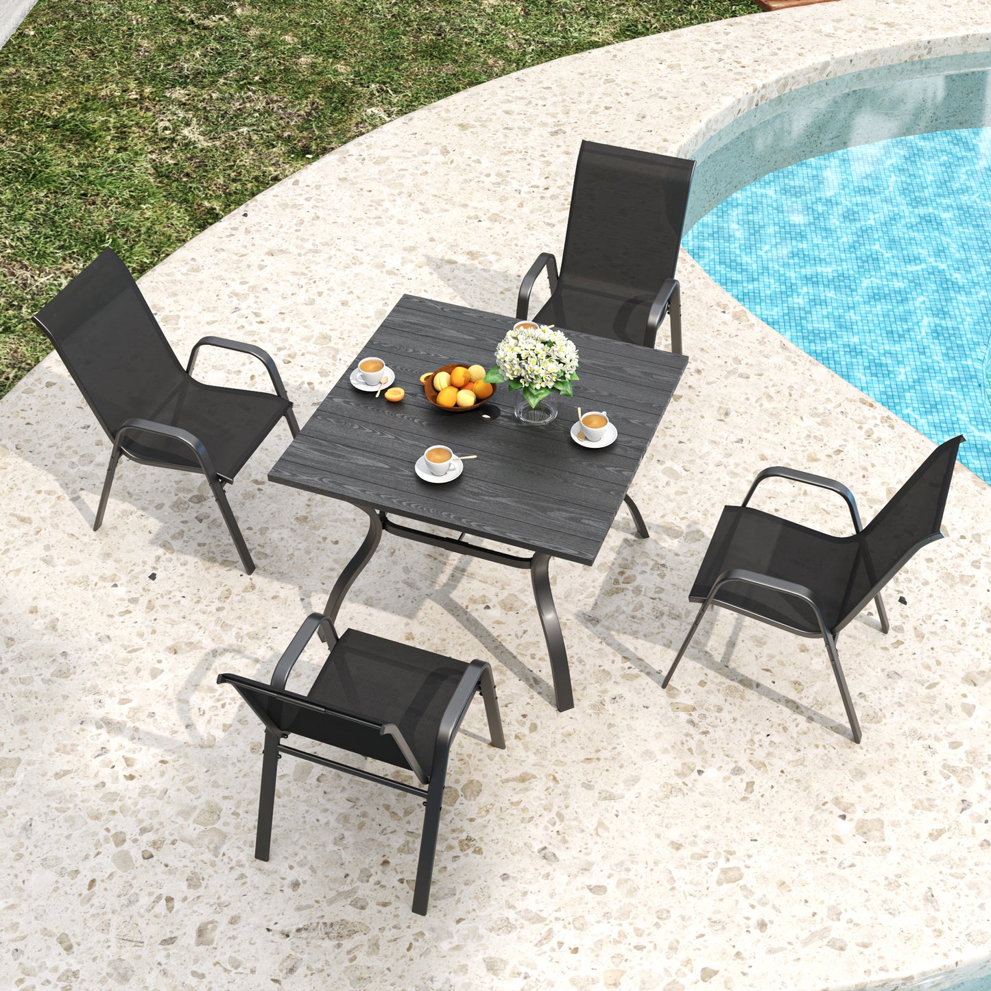 5-Piece Outdoor Patio Dining Set, Vintage Wood Grain Table with Umbrella Hole + 4 Ergonomic