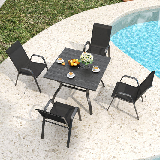 5-Piece Patio Dining Set with Wood-Grain Table, Umbrella Hole and 4 Textilene Chairs