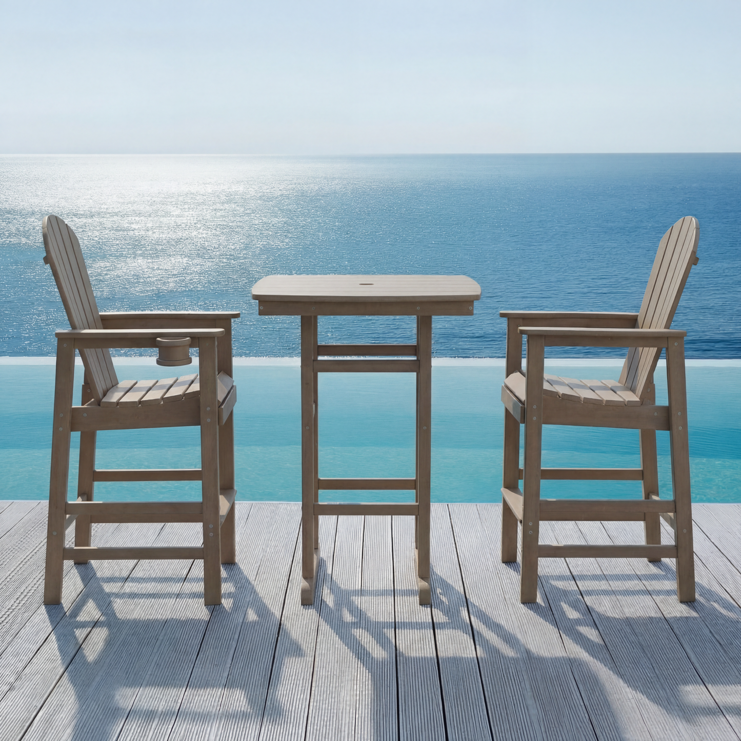 3-Piece HDPE Bar-Height Patio Set, 42.1' Square High Top Pub Table + 2 Bar Chairs, All-Weather Outdoor Bistro Dining Set