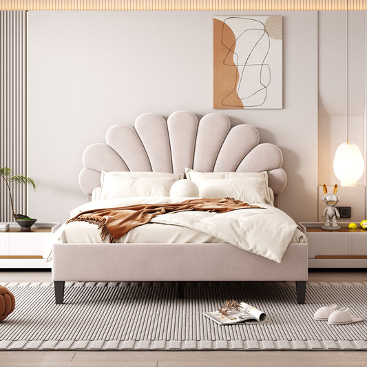 Platform Bed Beige and Bean Paste Red Velvet Upholstered with Headboard, Available in Full and Queen sizes for Bedroom and Guest Room
